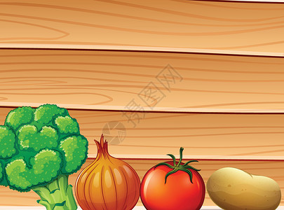 发芽土豆香料和蔬菜后面的木墙插画