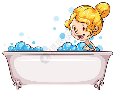 女子浴室刷牙洗手间洗脸浴缸女性泡沫气泡卡通片卫生活动打扫绘画设计图片