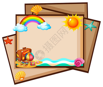 贝壳相框工作表横幅贝壳海星白色微风绘画太阳正方形海滩棕色设计图片