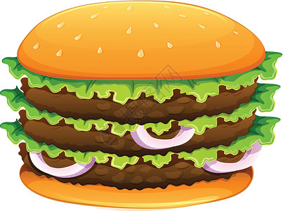大洋葱芝麻大汉堡牛肉种子面包熏肉小吃洋葱馅饼白色地面绘画插画