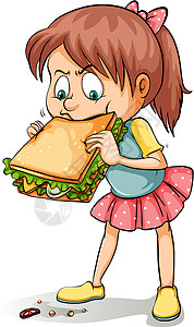 吃雪糕小女孩一个带着三明治的年轻女孩裙子蔬菜沙拉马尾辫饥饿面包食物女士营养敷料设计图片