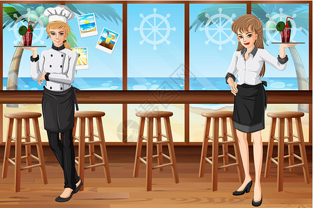 海餐厅服务员小酒馆工作美食剪贴椅子饮料用餐果汁酒吧服务插画