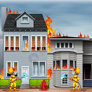 火灾现场消防员卡通片安全消防队员房子风景燃烧救援家庭烧伤背景图片