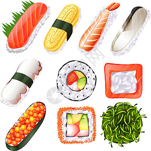 鲑鱼蛋寿司饮食白色收藏海藻食物乌贼鲑鱼剪贴卡通片美食插画