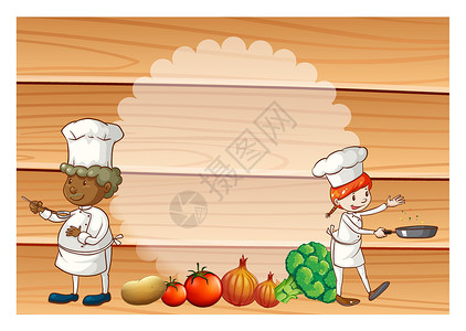 厨师拿西兰花烹煮卡通片早餐美食木头服务午餐剪贴蔬菜绘画材料插画