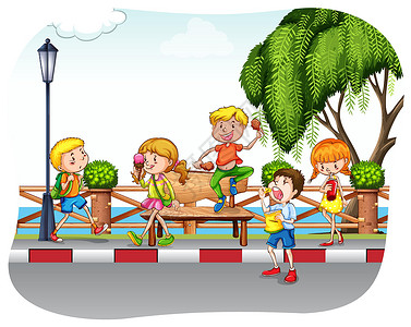 儿 童饮料墙纸街道灯柱木板长椅男孩们冰淇淋零食绘画背景图片