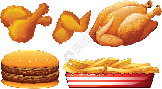鸡翅薯条鸡肉和快餐女性卡通片母鸡动物艺术白色面包包子母亲绘画插画