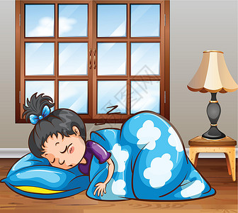 室内毯子睡觉孩子休息女孩卧室窗户枕头绘画小憩房子家庭插画