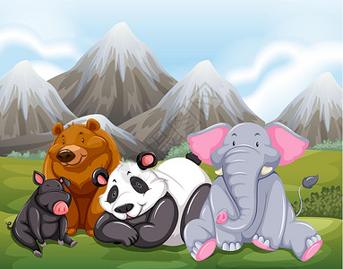 动物绘画生物情调卡通片丘陵异国森林字符树木动物园背景图片