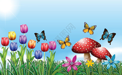 春季春天粉色绘画红色蓝色植物群太阳海报季节蝴蝶黄色背景图片