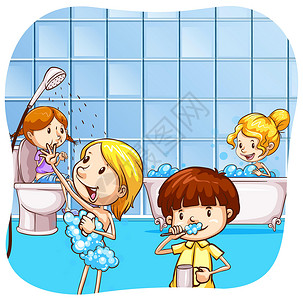 女子浴室刷牙洗手间女孩们马桶卡通片打扫男孩们牙膏浴缸横幅孩子们气泡设计图片