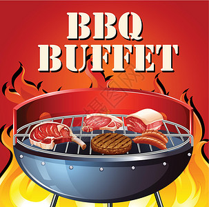 Buffet 块盘火焰烧烤燃烧羊排香肠营养绘画猪肉卡通片措辞背景图片