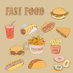 一套素描风格的快餐黑板菜单包子包装土豆餐厅芝麻字母饮食午餐背景图片