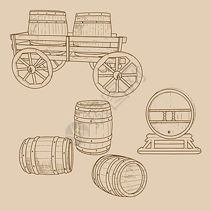 橡木酒桶复古式木制桶数组插画