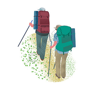 尼泊尔abc徒步山路登山探险山地旅游 旅行的情侣游客沿着一条山路的旅游路线 在新鲜空气中积极休息 平面矢量图设计图片