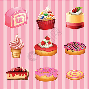 不同种类的甜点草莓味绘画卡通片奶油小吃软膏奶制品糖果冰淇淋蛋糕艺术背景图片