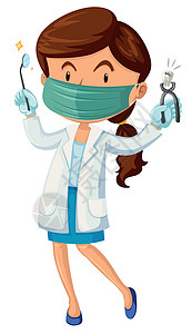 医生工具有牙和工具的女性牙医小路医疗白色医生剪裁卡通片夹子插图女士艺术插画