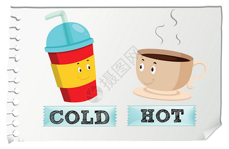 冷与热相反的形容词与冷和 ho白色绘画教育咖啡意义稻草卡片小路苏打剪裁设计图片