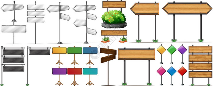 路标标志木和金属标志设计图片