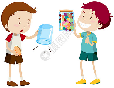 糖果瓶子空罐子和满罐子的男孩设计图片