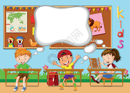 孩子们在教室里学习木板瞳孔椅子卡通片朋友们幼儿园绘画艺术青年学校夹子高清图片素材