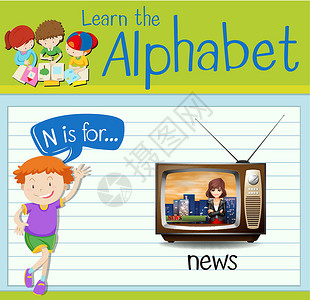 孩子电视抽认卡字母 N 是新的电视屏幕记者演讲学校教育学习孩子们孩子海报设计图片