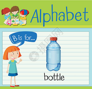 喝饮料的孩子抽认卡字母 B 是瓶海报孩子艺术卡片绿色孩子们绘画活动教育插图设计图片