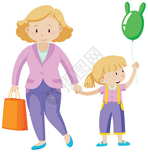 拿着气球母亲母亲和女儿拉着手购物瞳孔购物者气球孩子小路艺术学生绘画夹子插画
