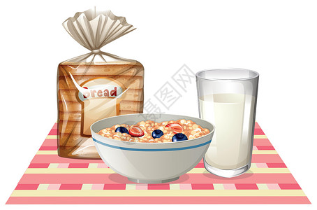 燕麦牛奶早餐套餐 包括面包和谷物设计图片