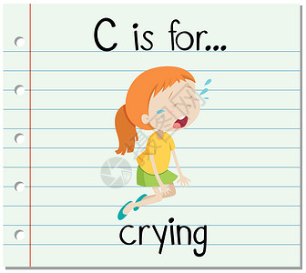 跪着哭泣的女孩抽认卡字母 C 代表哭泣写作插图绘画卡片女孩纸板刻字教育情感幼儿园设计图片