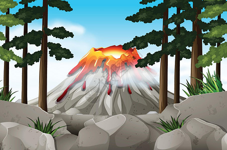 火山石头与火山和森林的自然场面插画
