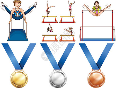 体操比赛体操运动员和体育奖牌插画