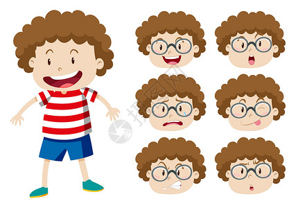 戴眼镜男生卷发和许多表情的男孩设计图片