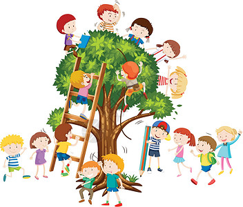 爬梯子的孩子孩子们爬上树学校艺术插图房子青年瞳孔活动男生绘画童年插画