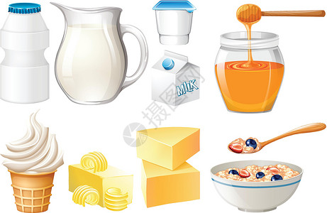 蜂蜜黄油牛奶和蜂蜜的乳制品插画