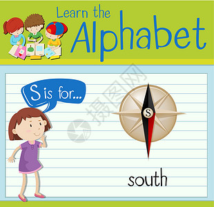 抽认卡字母 S 是为 sout小号绿色学校活动孩子们孩子艺术教育学习罗盘背景图片