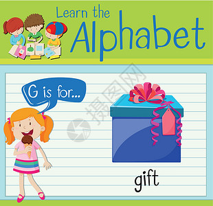 生日表抽认卡字母 G 用于 gif孩子海报活动插图生日孩子们教育绿色夹子礼物设计图片
