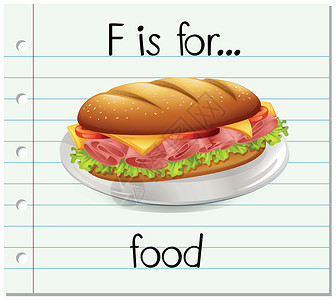 火腿三明治抽认卡字母 F 代表 foo写作绘画幼儿园插图蔬菜字体夹子盘子艺术刻字设计图片