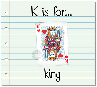 抽认卡字母 K 是给亲属的闪光纸板卡通片卡片扑克插图绘画国王艺术娱乐设计图片
