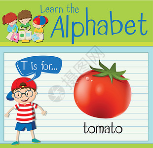 番茄工作法抽认卡字母 T 代表 tomat孩子们演讲海报学习热带学校绿色卡片工作孩子设计图片