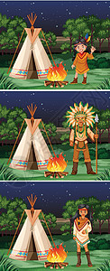 部落的在露营地与美国原住民印第安人的场景设计图片