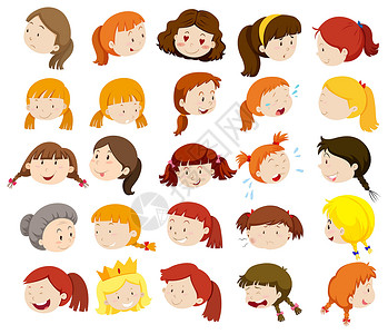 可爱女孩头像妇女和女孩的不同面孔设计图片