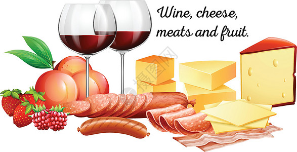 意大利葡萄酒红酒配肉和奶酪插画