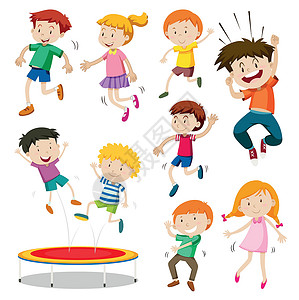 男孩和女孩在蹦床上跳跃孩子青年小路收藏瞳孔学生童年夹子玩具剪裁插画