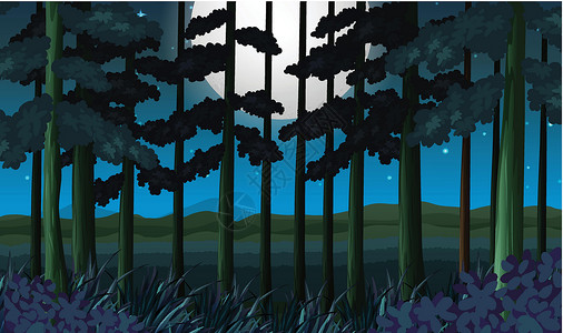 近处一片黑暗的森林月亮月光植物插图艺术星星全景场景夹子绘画背景图片