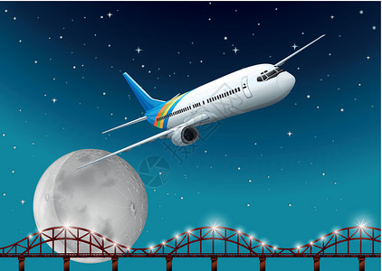 飞机在夜间飞过桥高清图片