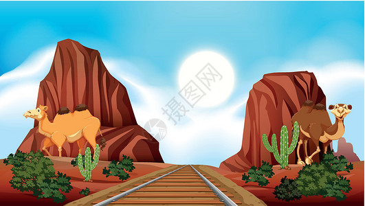骆驼火车穿越沙漠的铁路插画