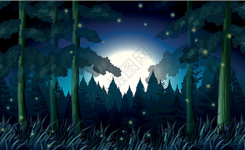 黑夜中的树黑夜中的森林夹子萤火虫月光木头剪贴艺术绘画绿色插图丛林插画