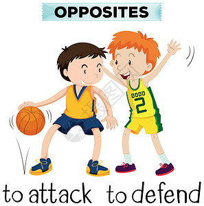 攻击和防御的相反词小路瞳孔青年男孩们教育英语保卫学习夹子篮球拼写高清图片素材