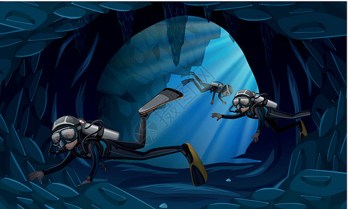 洞穴潜水三名潜水员在水下洞穴中插画